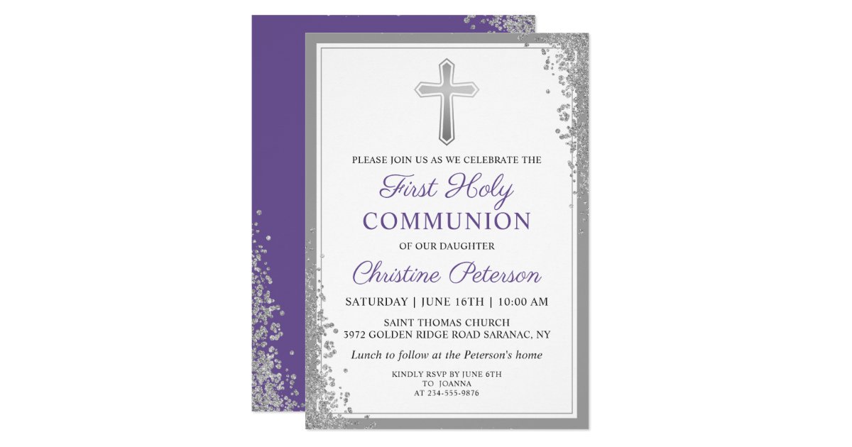 Silver Glitter Lavender Purple First Communion Invitation | Zazzle.com