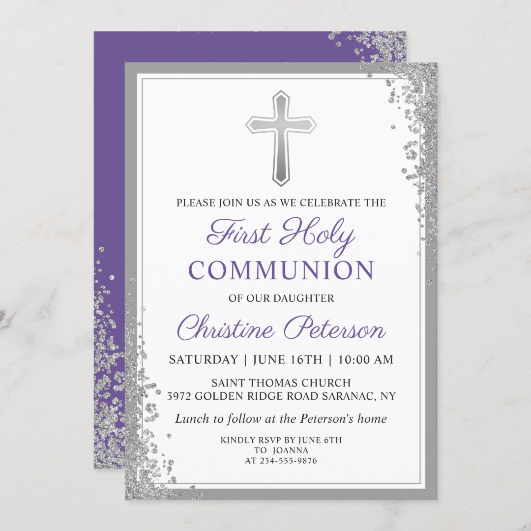 Silver Glitter Lavender Purple First Communion Invitation | Zazzle