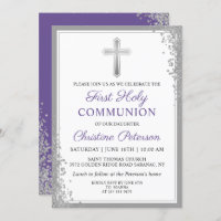 Silver Glitter Lavender Purple First Communion Invitation