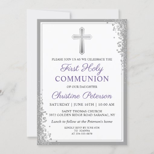Silver Glitter Lavender Purple First Communion Invitation | Zazzle
