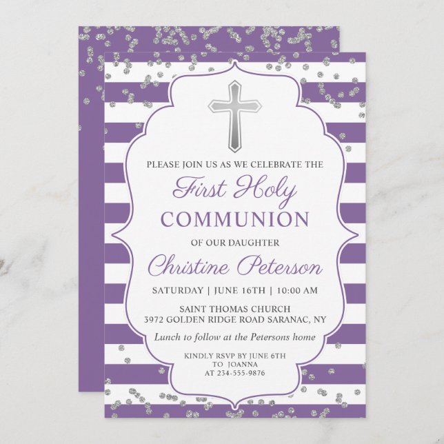 Silver Glitter Lavender Purple First Communion Invitation (Front/Back)