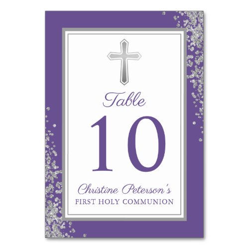 Silver Glitter Lavender Purple First Communion Table Number