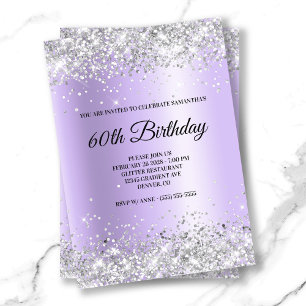 Silver Glitter Lavender Satin Foil 60th Birthday Invitation