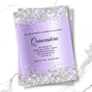 Silver Glitter Lavender Satin Foil Quinceanera Invitation