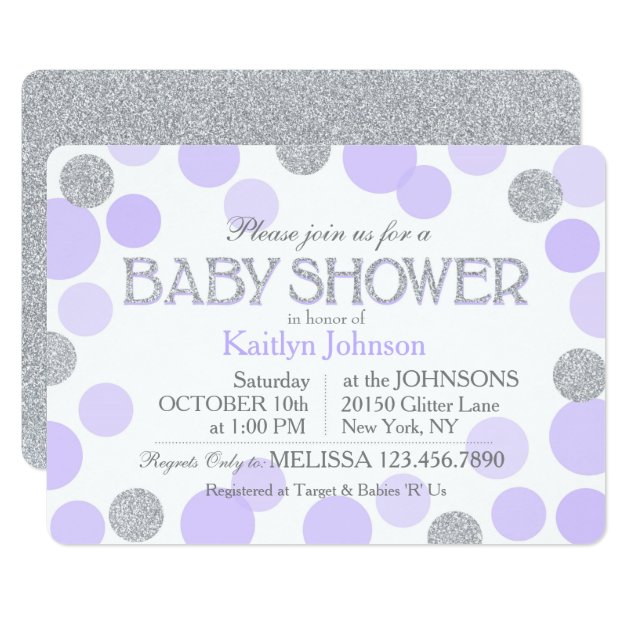 Silver Glitter Lavender Scattered Dots Baby Shower Invitation