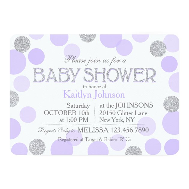 Silver Glitter Lavender Scattered Dots Baby Shower Invitation