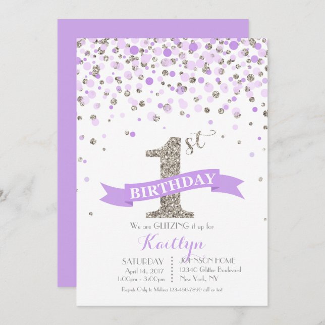 Silver Glitter Lavender Sprinkles Modern Birthday Invitation (Front/Back)