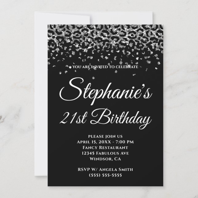 Silver Glitter Leopard Border Black 21st Birthday Invitation (Front)