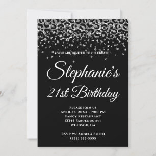 Silver Glitter Leopard Border Black 21st Birthday Invitation