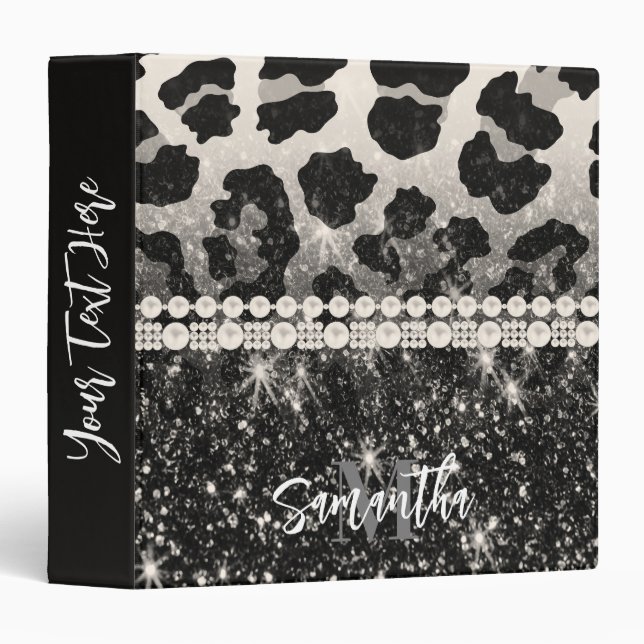 Silver Glitter Leopard Print 3 Ring Binder (Front/Spine)