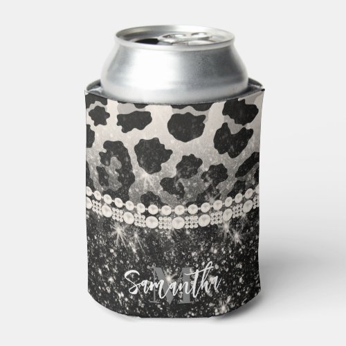 Silver Glitter Leopard Print Can Cooler