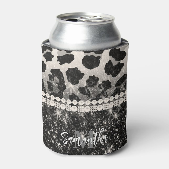 Silver Glitter Leopard Print Can Cooler (Can Front)
