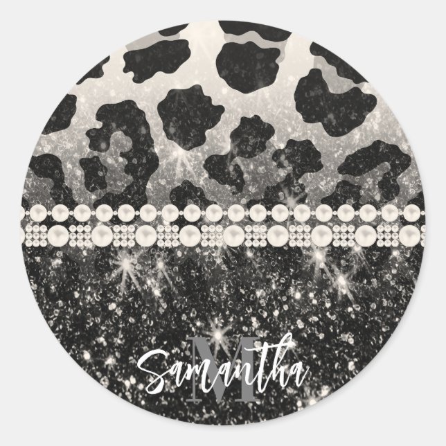 Silver Glitter Leopard Print Classic Round Sticker (Front)