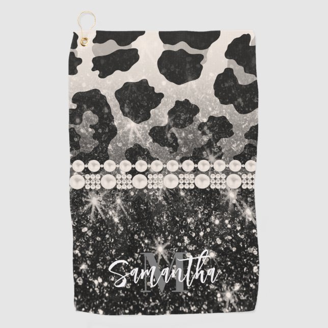 Silver Glitter Leopard Print Golf Towel (Front)