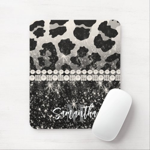Silver Glitter Leopard Print Mouse Pad