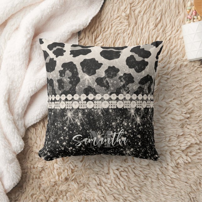 Silver Glitter Leopard Print Throw Pillow (Blanket)