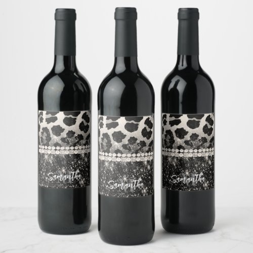 Silver Glitter Leopard Print Wine Label