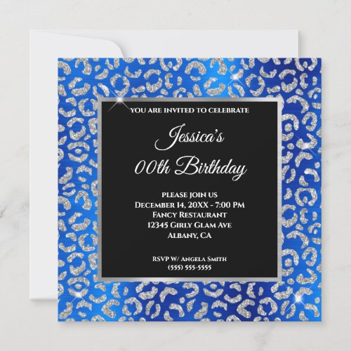 Silver Glitter Leopard Royal Blue Foil Birthday Invitation