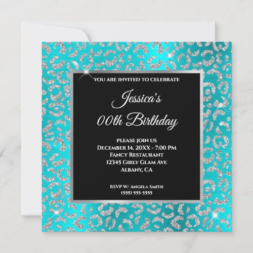 Silver Glitter Leopard Turquoise Blue Birthday Invitation