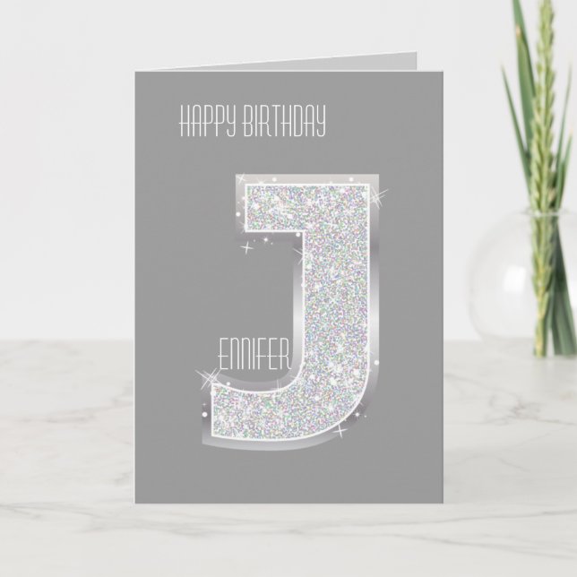 Silver Glitter Letter J Card (Front)