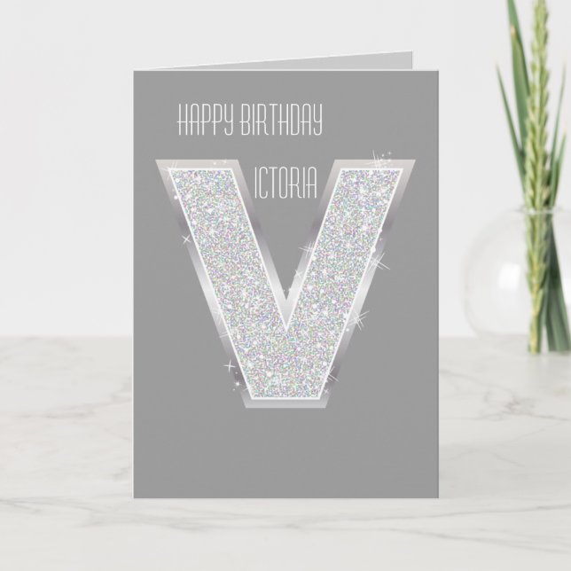 Silver Glitter Letter V Card (Front)