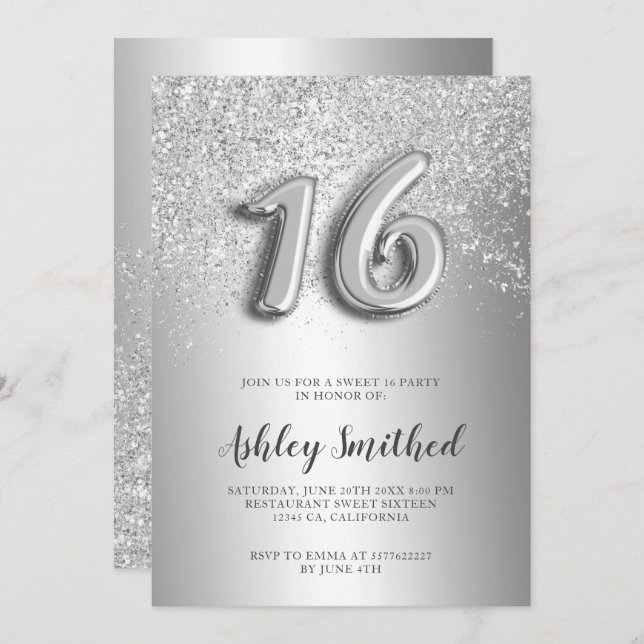 Silver glitter letters metallic chic sweet 16 invitation (Front/Back)