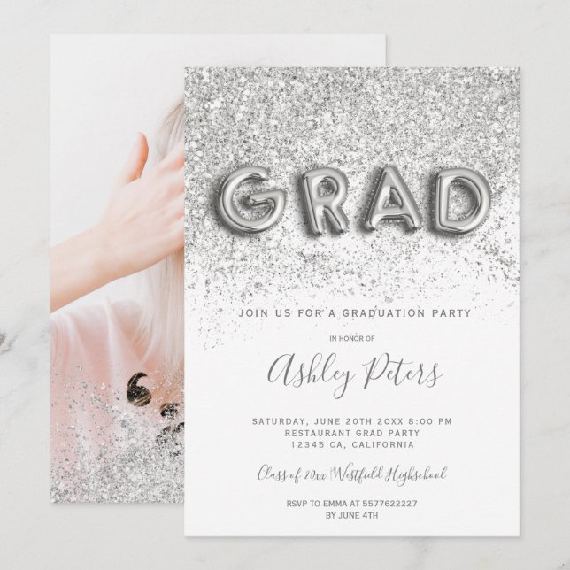Silver glitter letters pink photo graduation invitation (Front/Back)