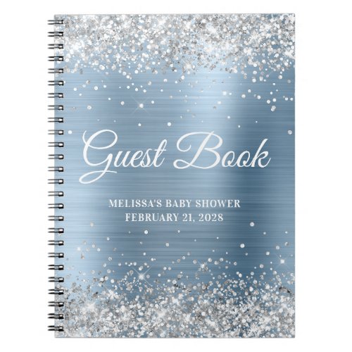 Silver Glitter Light Blue Baby Shower Guestbook Notebook