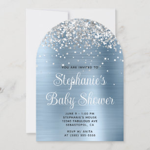 Silver Glitter Light Blue Baby Shower Invitation