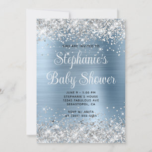 Silver Glitter Light Blue Baby Shower Invitation