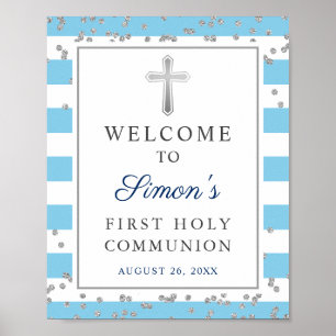 Silver Glitter Light Blue First Communion Welcome Poster