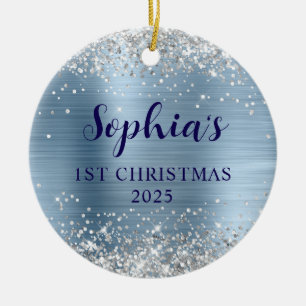 Silver Glitter Light Blue Foil 1st Christmas Photo Ceramic Ornament