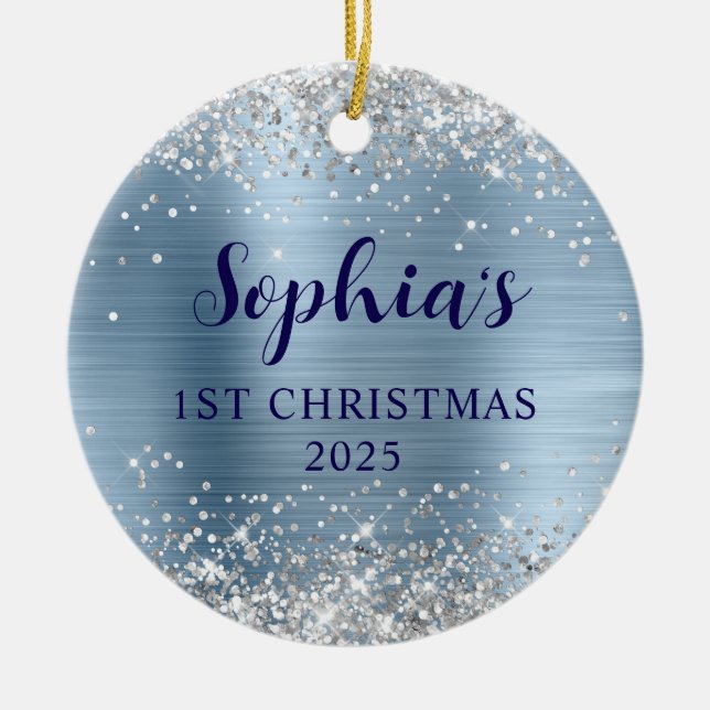 Silver Glitter Light Blue Foil 1st Christmas Photo Ceramic Ornament (Front)