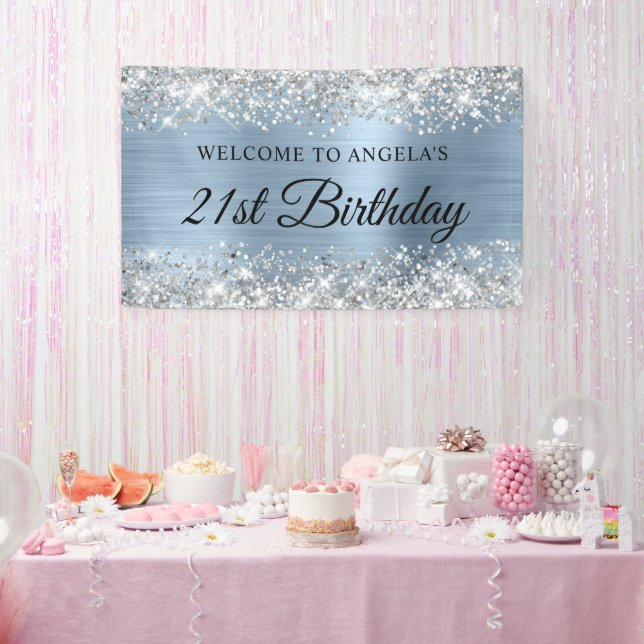 Silver Glitter Light Blue Foil 21st Birthday Banner (Party)