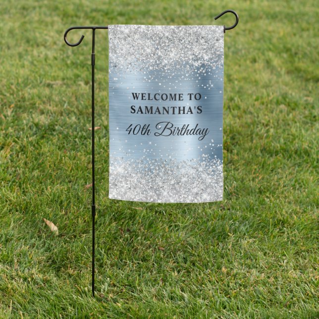 Silver Glitter Light Blue Foil 40th Birthday Garden Flag (In SItu)