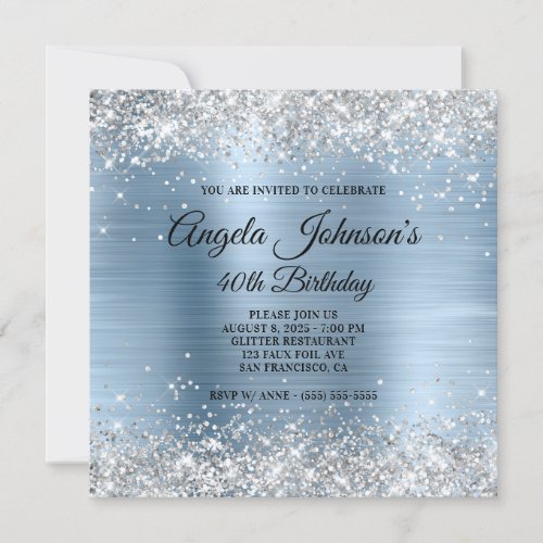 Silver Glitter Light Blue Foil 40th Birthday Invitation