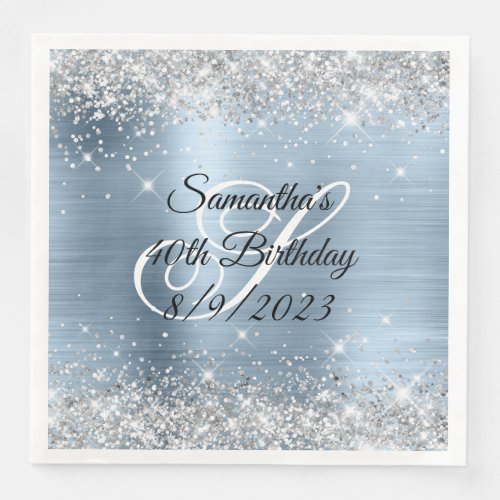 Silver Glitter Light Blue Foil 40th Birthday Paper Dinner Napkins