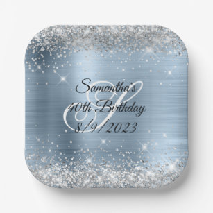 Silver Glitter Light Blue Foil 40th Birthday Paper Plates