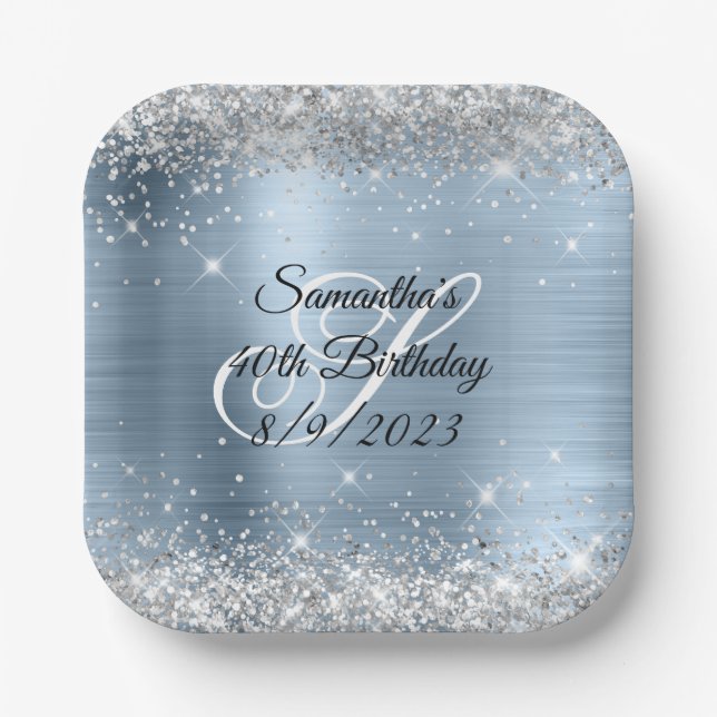 Silver Glitter Light Blue Foil 40th Birthday Paper Plates (Front)