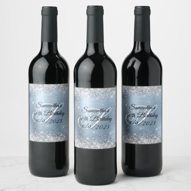 Silver Glitter Light Blue Foil 40th Birthday Wine Label (Bottles)