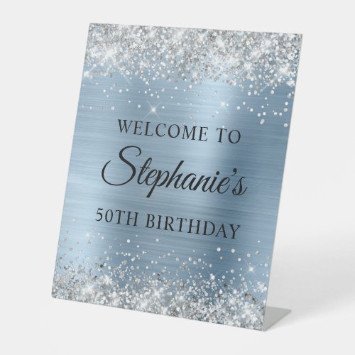 Silver Glitter Light Blue Foil 50th Birthday Pedestal Sign