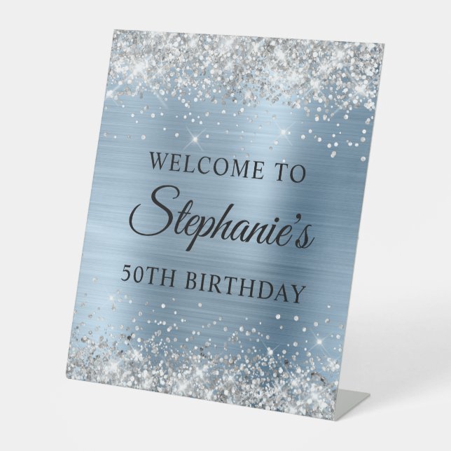 Silver Glitter Light Blue Foil 50th Birthday Pedestal Sign (Front)