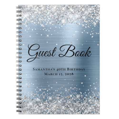 Silver Glitter Light Blue Foil Birthday Guest Notebook