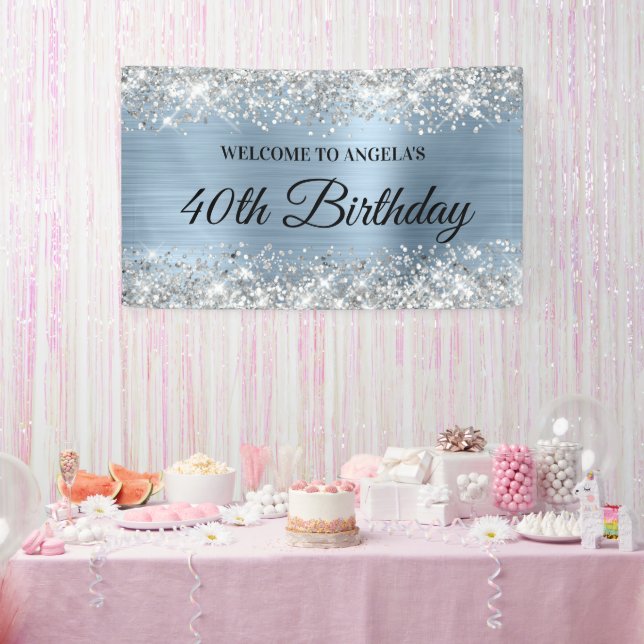 Silver Glitter Light Blue Foil Birthday Welcome Banner (Party)