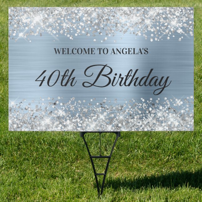 Silver Glitter Light Blue Foil Birthday Welcome Sign (Insitu)