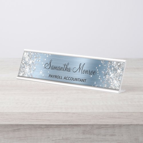 Silver Glitter Light Blue Foil Desk Name Plate