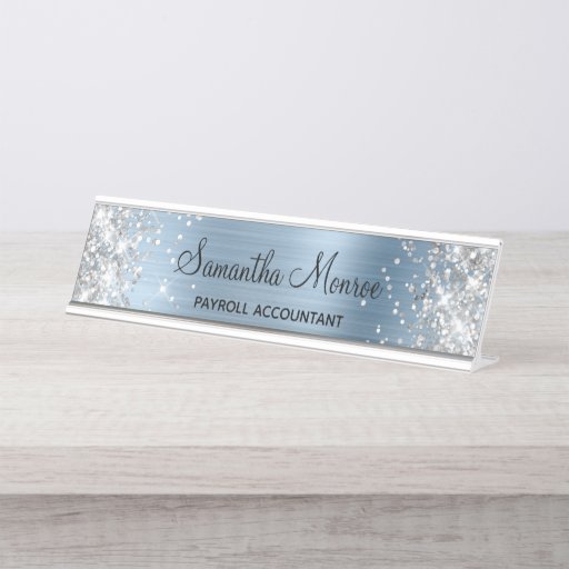 Silver Glitter Light Blue Foil Desk Name Plate
