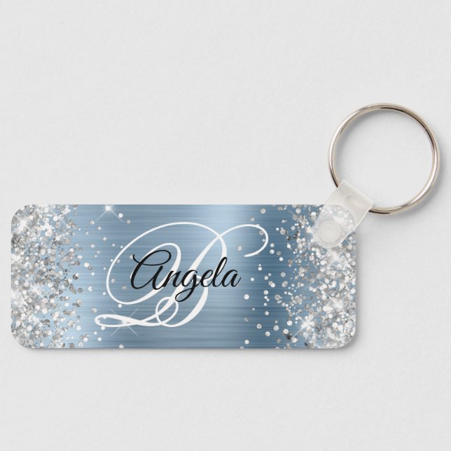 Silver Glitter Light Blue Foil Fancy Monogram Keychain (Front)
