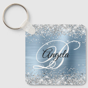 Silver Glitter Light Blue Foil Fancy Monogram Keychain
