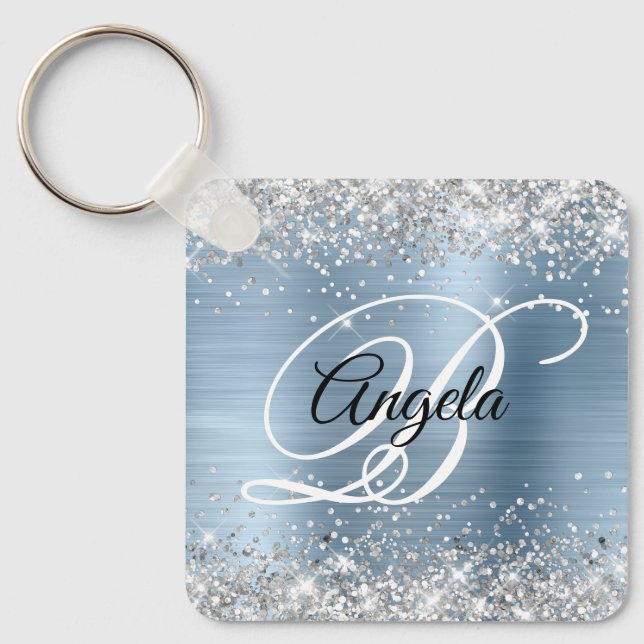 Silver Glitter Light Blue Foil Fancy Monogram Keychain (Front)